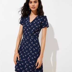 LOFT Women's Navy Blue V-Neck Feather Print Cap Sleeve Short Dress Size 00P